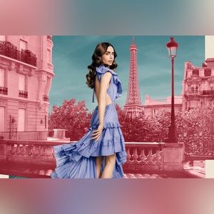 Emily in Paris: Magali Pascal Botanic V Neck Ruffle Midi Dress Iris Size Large